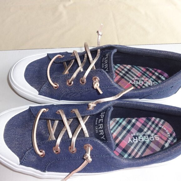 Sperry denim women's sneakers size 4M, slip on, gold leather laces, like new - Picture 11 of 15
